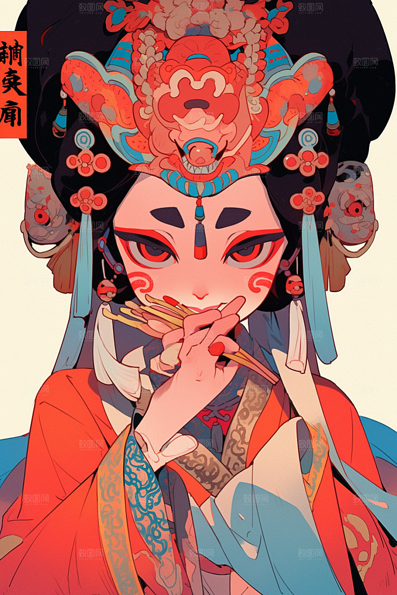 京剧女孩中国风手绘插画