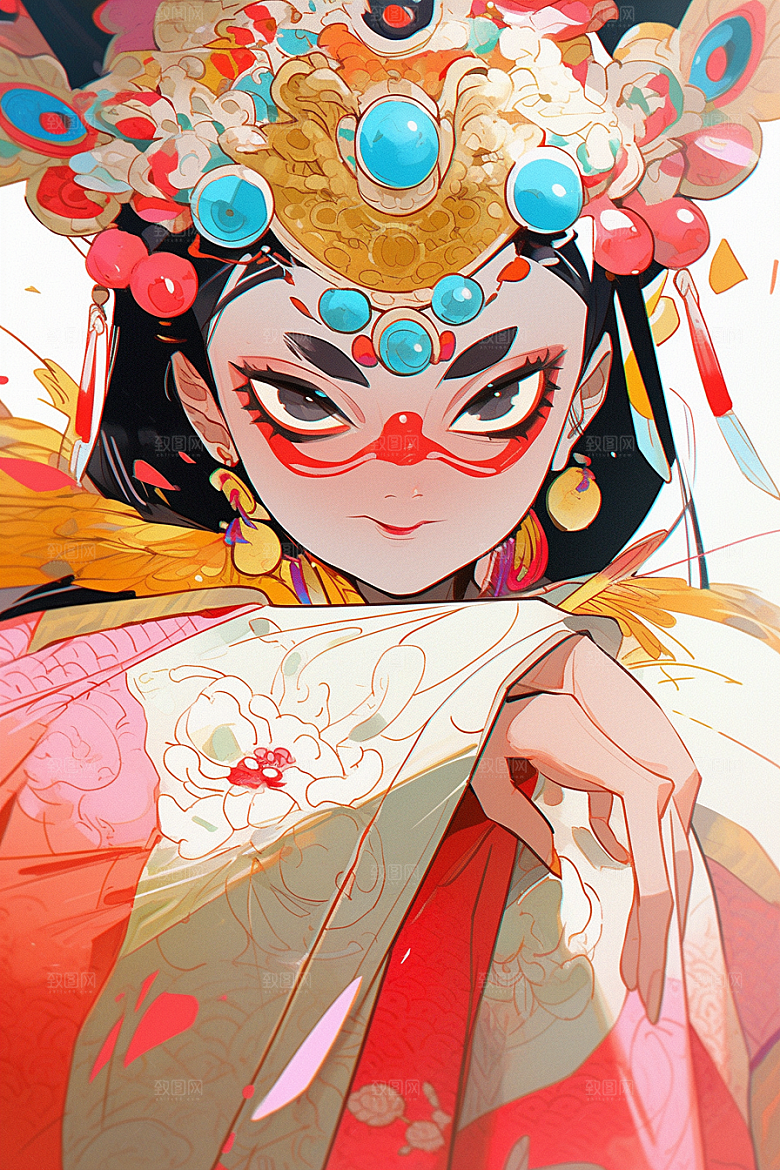 京剧女孩扮相传统风格插画