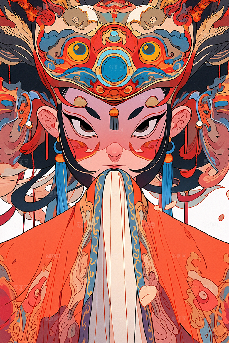 京剧女孩扮相中国风插画