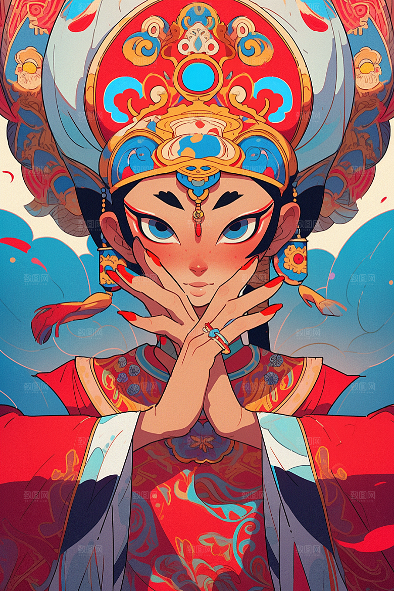 京剧女孩国潮扮相插画