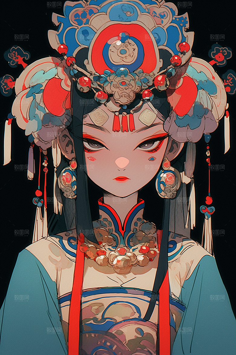 京剧女孩手绘扮相插画