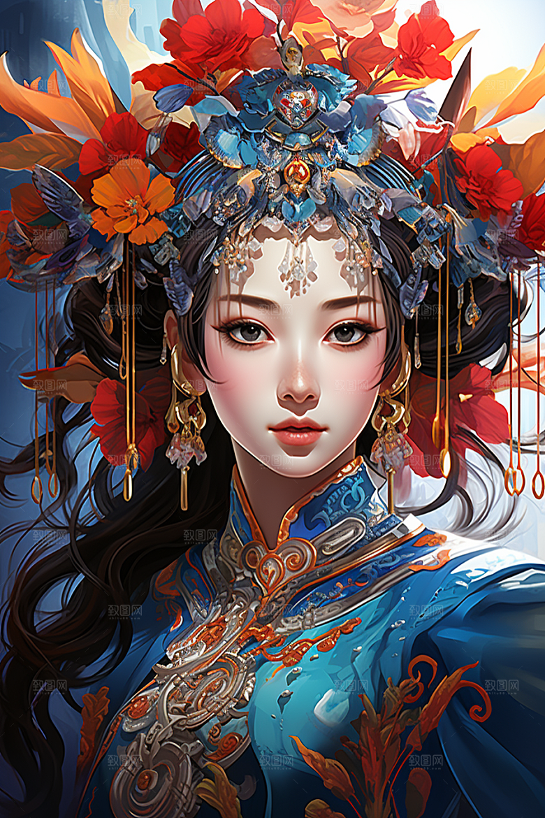 京剧女孩国潮传统风格插画