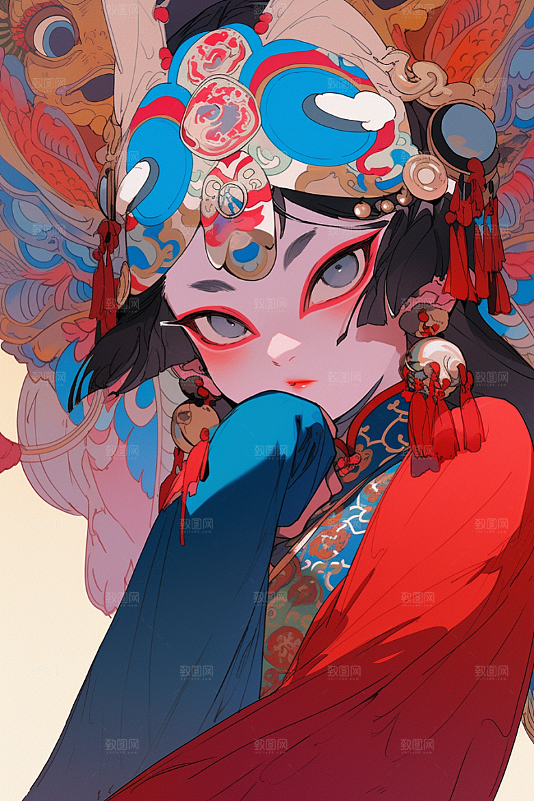 京剧女孩中式手绘插画