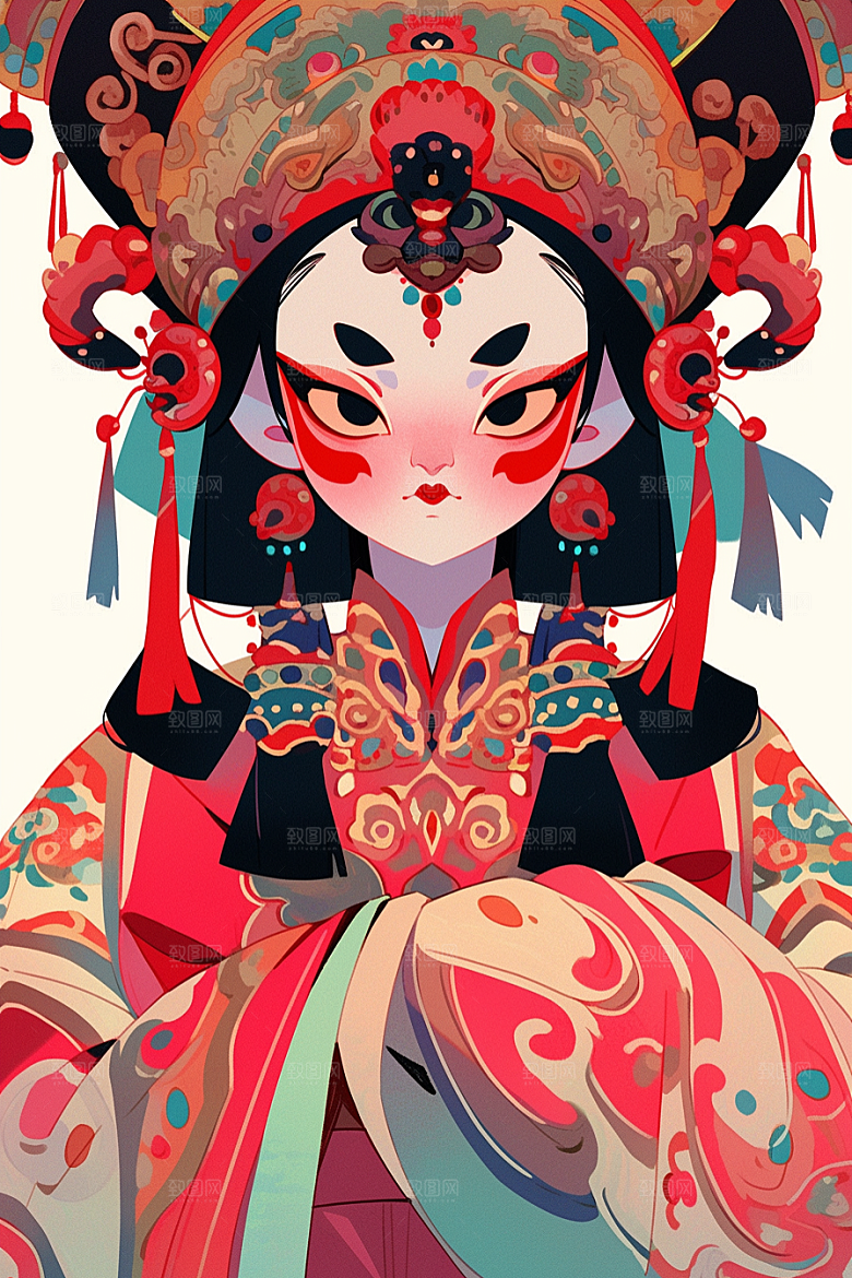 京剧女孩中国风扮相插画