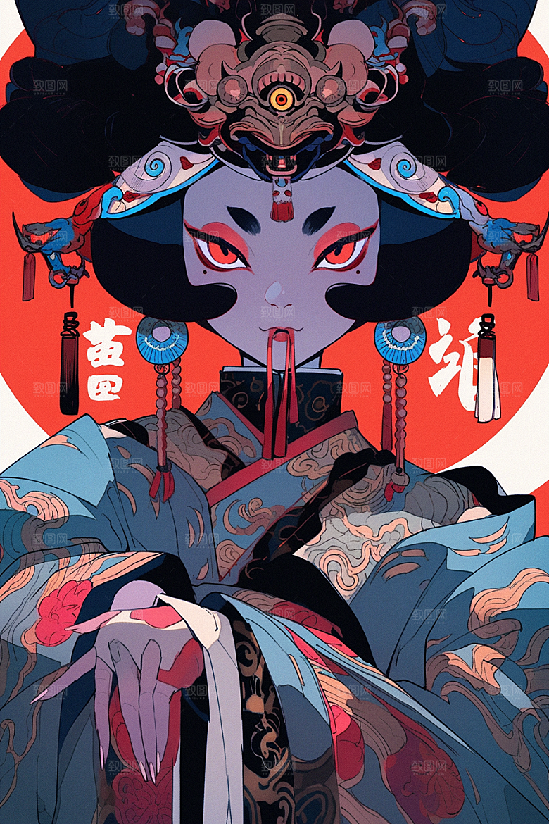 京剧女孩中国风中式插画