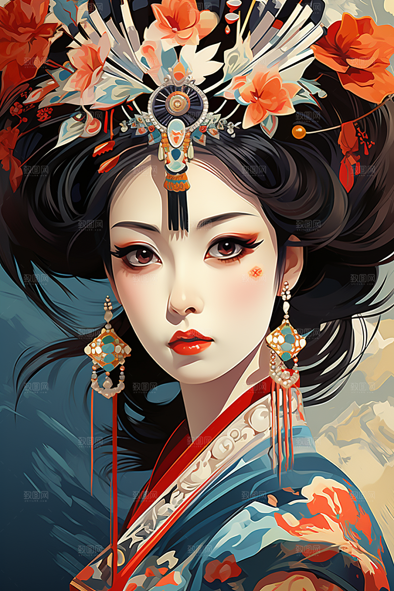 京剧女孩国潮传统风格插画