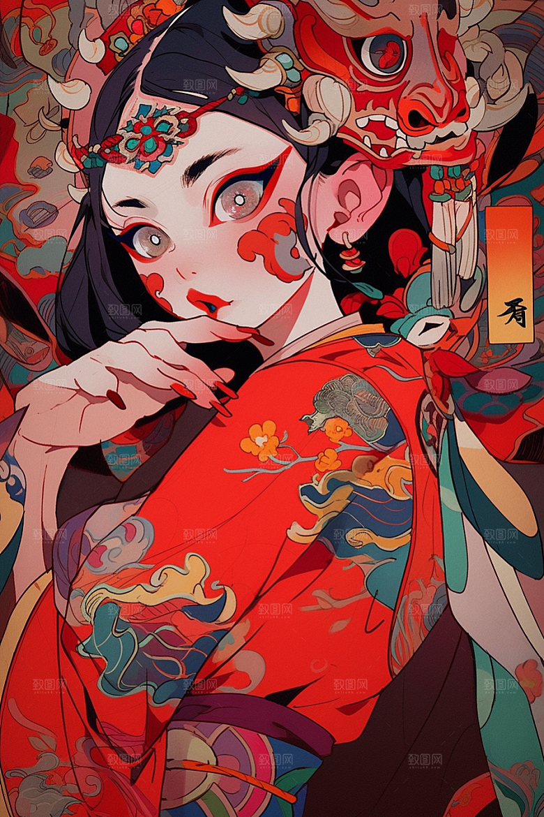京剧女孩扮相戏剧插画
