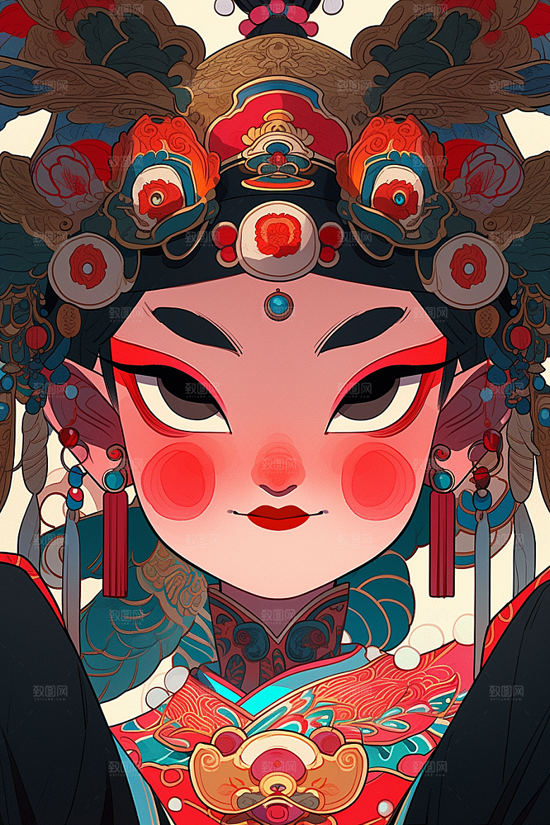 京剧女孩扮相戏剧插画
