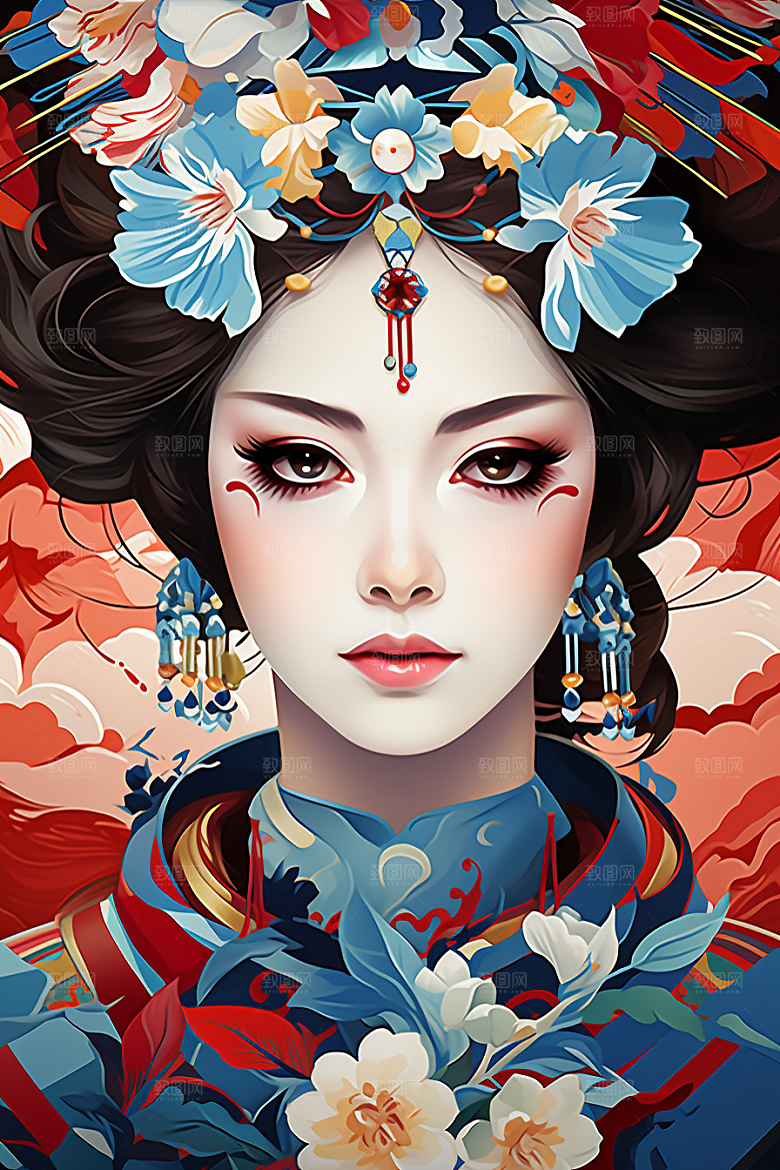 京剧女孩中式中国风插画