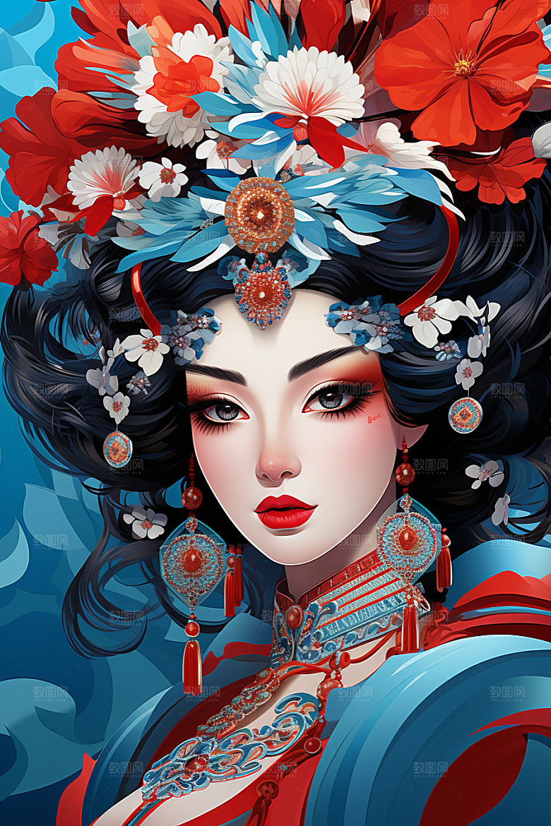 京剧女孩中国风扮相插画