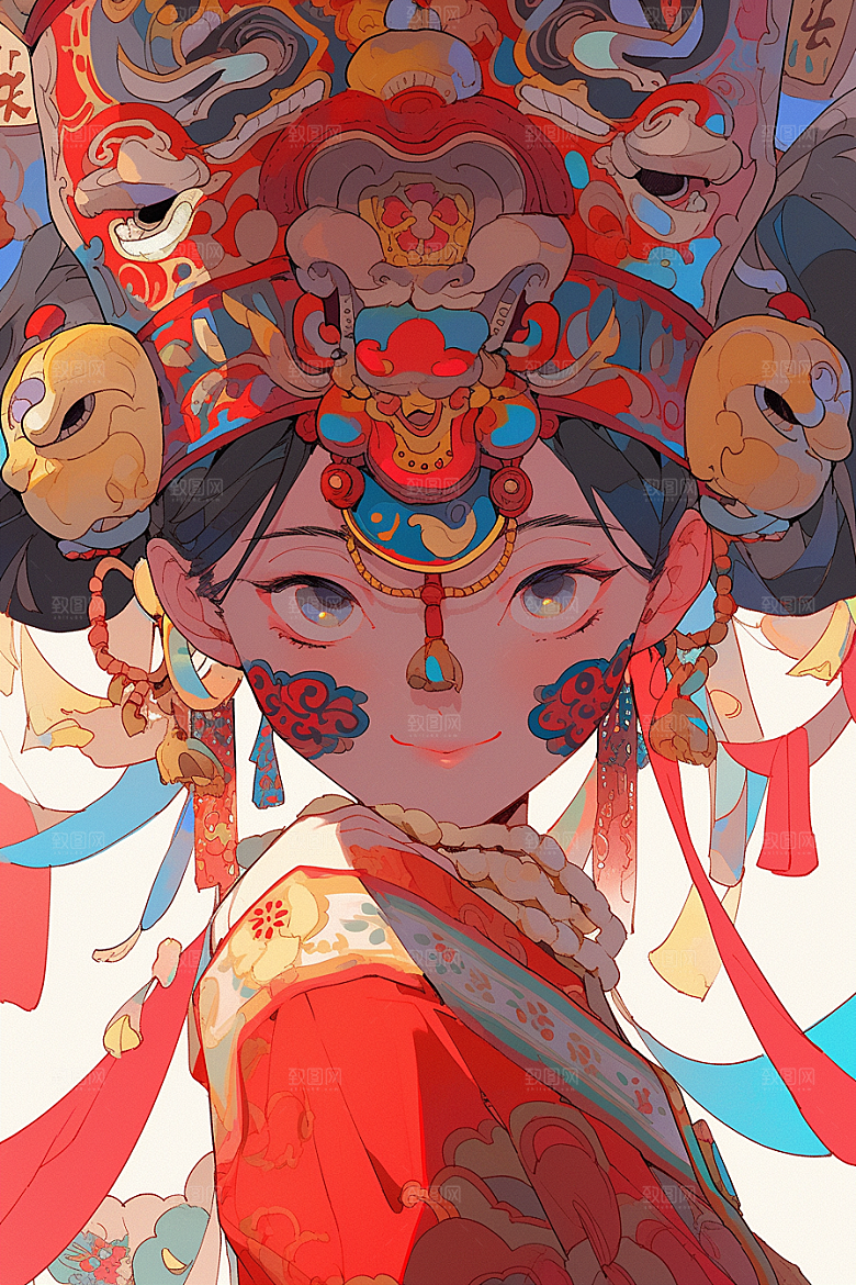 京剧女孩扮相手绘插画