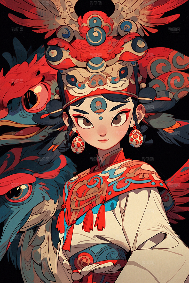 京剧女孩国潮扮相插画