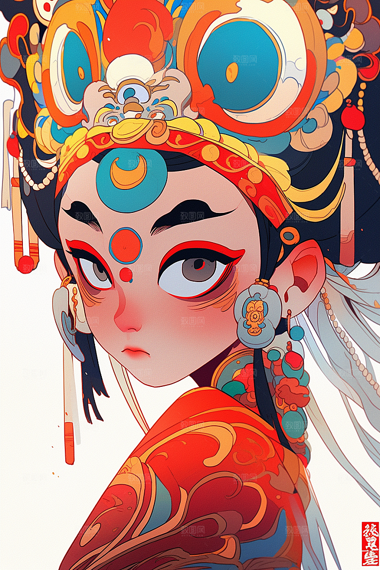京剧女孩扮相传统风格插画