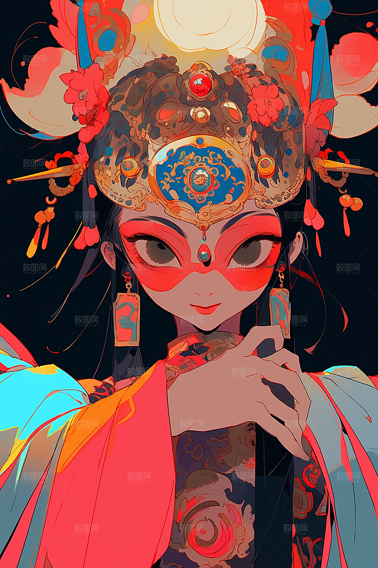 京剧女孩国潮扮相插画