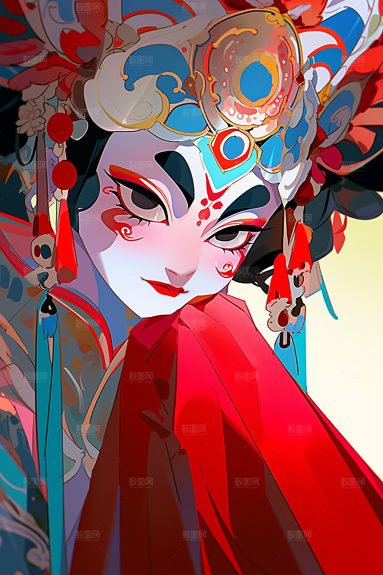 京剧女孩传统风格扮相插画