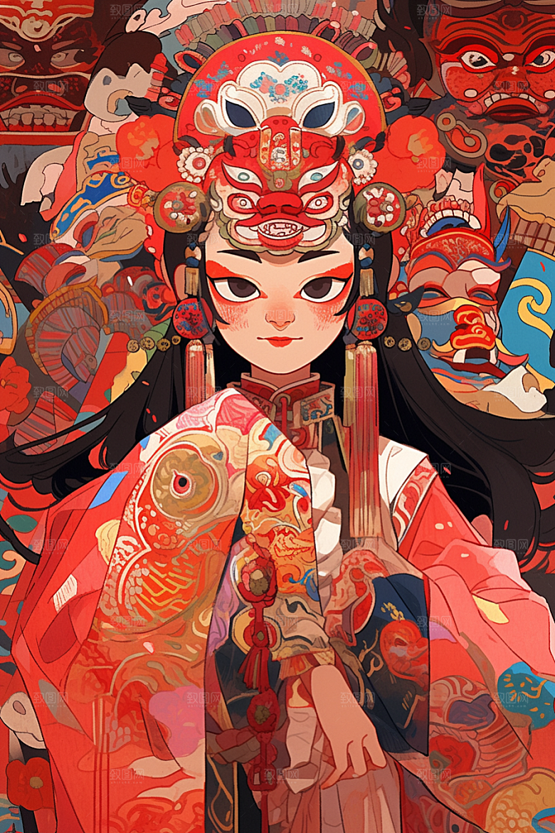 京剧女孩扮相国粹插画