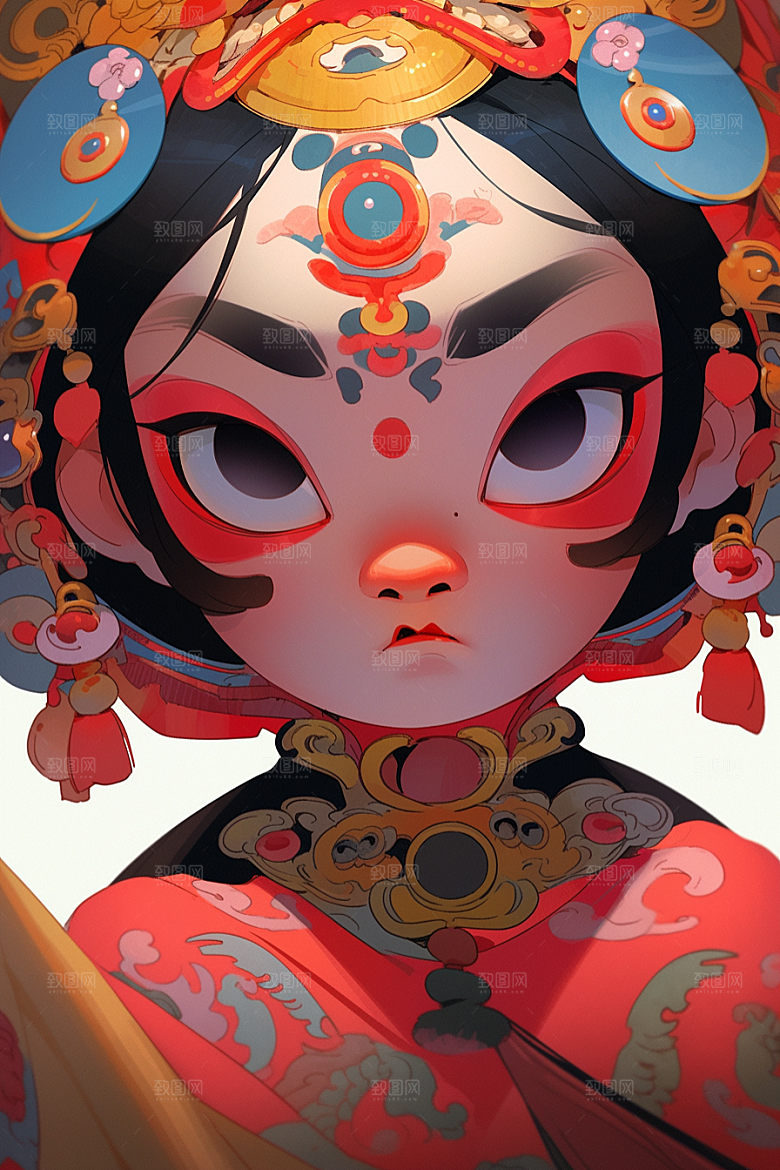 京剧女孩手绘传统风格插画