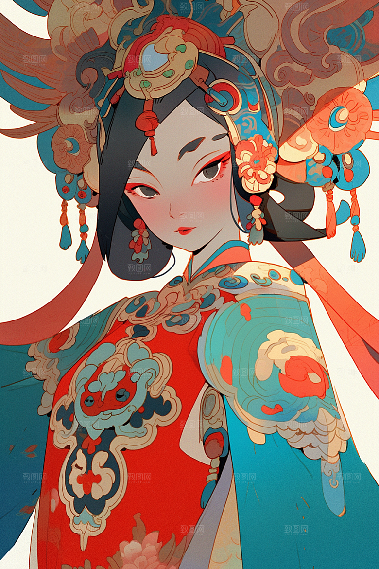 京剧女孩扮相戏剧插画
