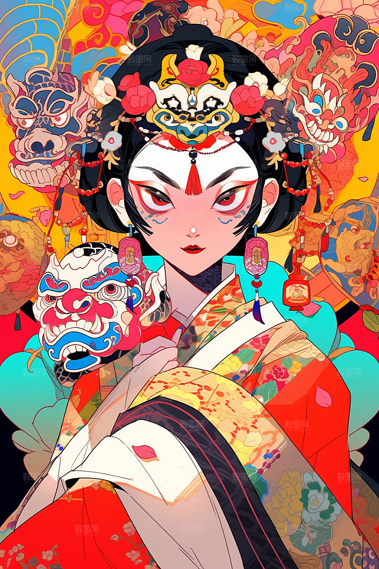 京剧女孩中国风国潮插画