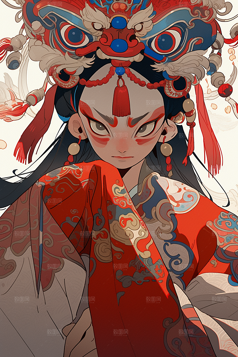 京剧女孩扮相戏剧插画