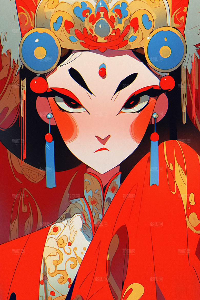 京剧女孩扮相手绘插画