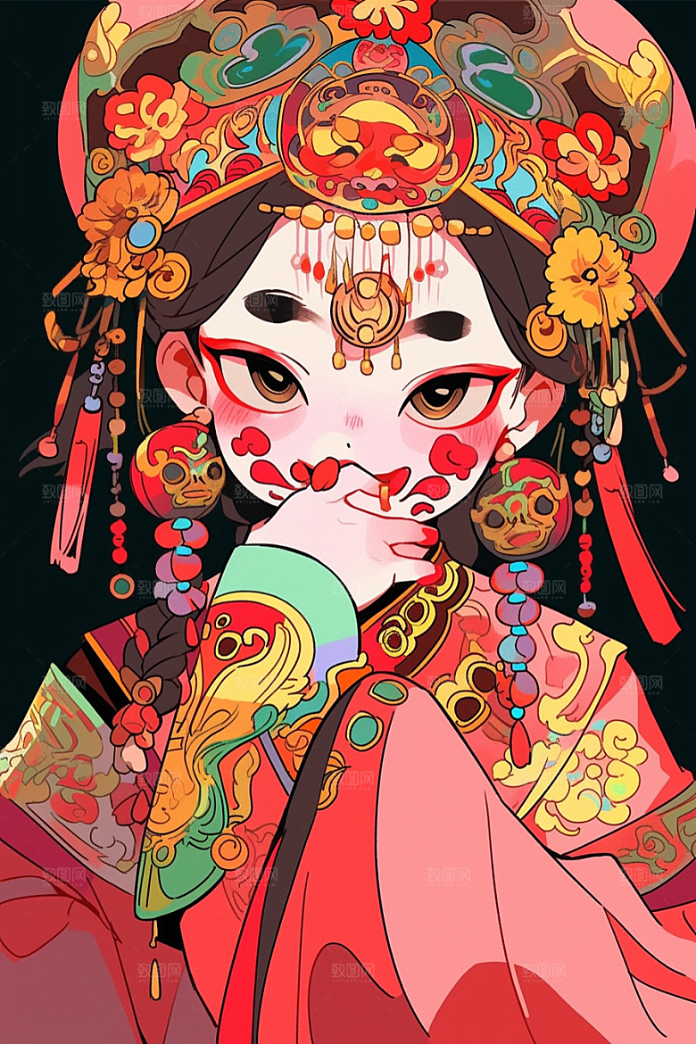 京剧女孩扮相戏曲插画