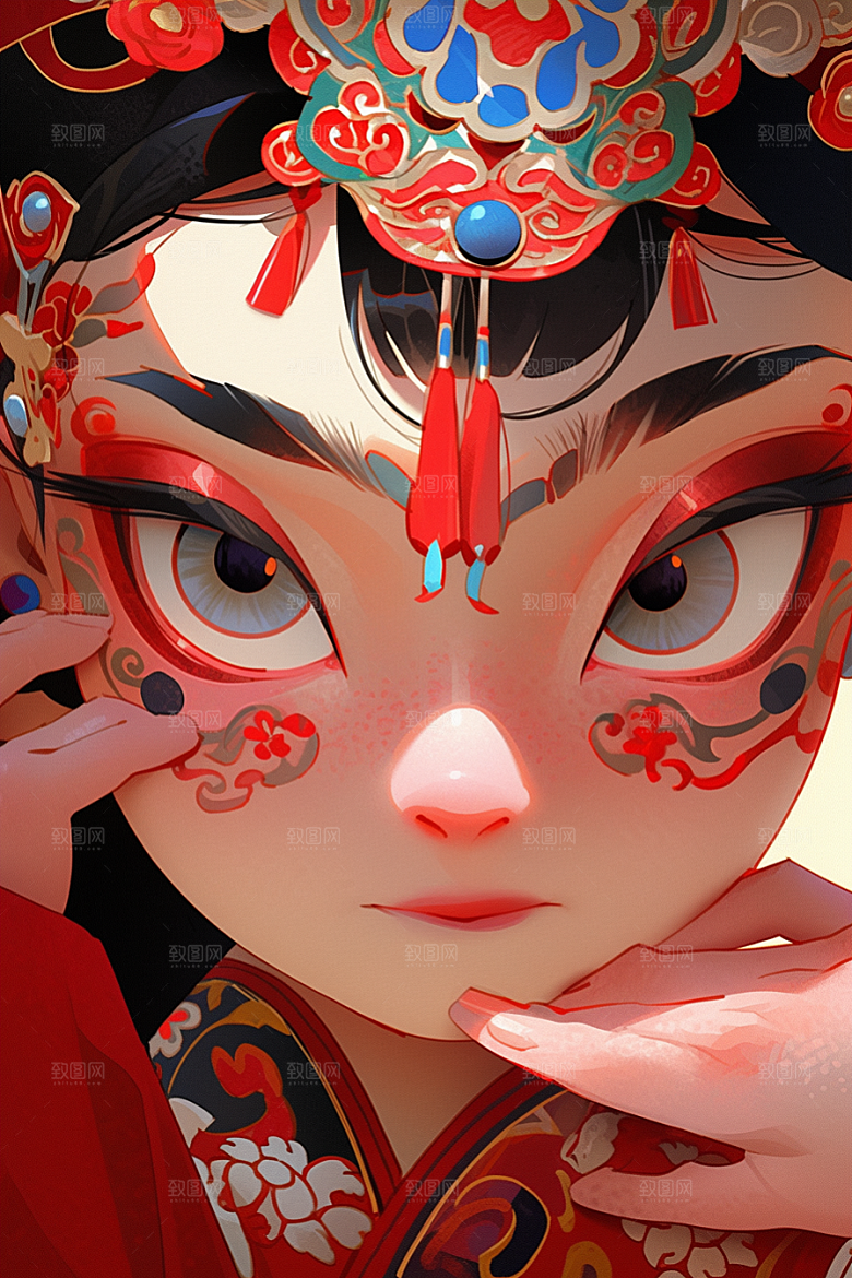 京剧女孩扮相中国风插画
