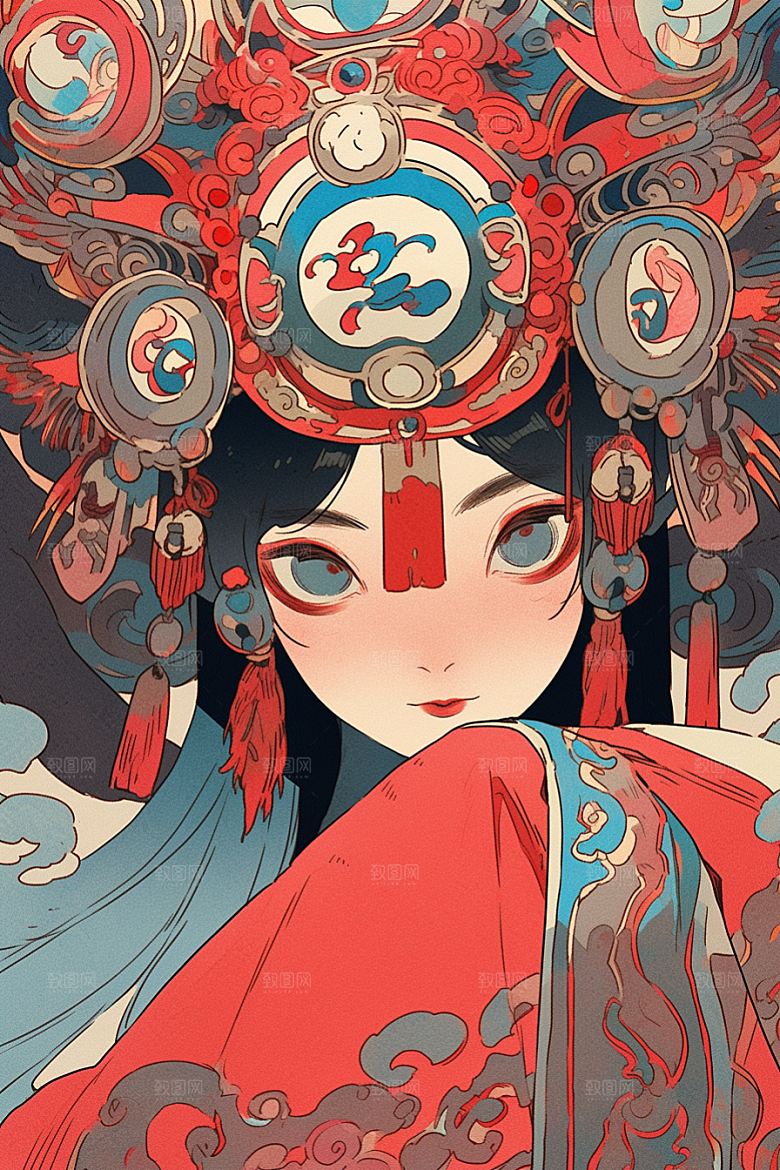 京剧女孩手绘中式插画
