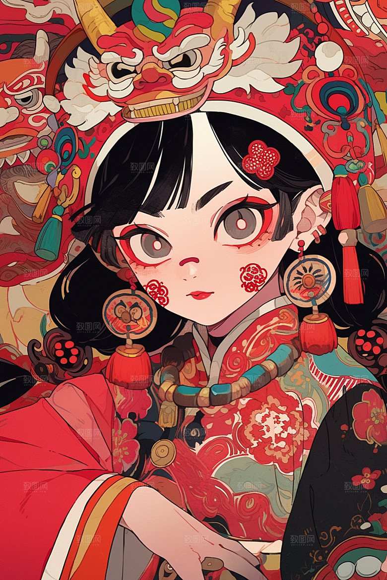 京剧女孩中式中国风插画
