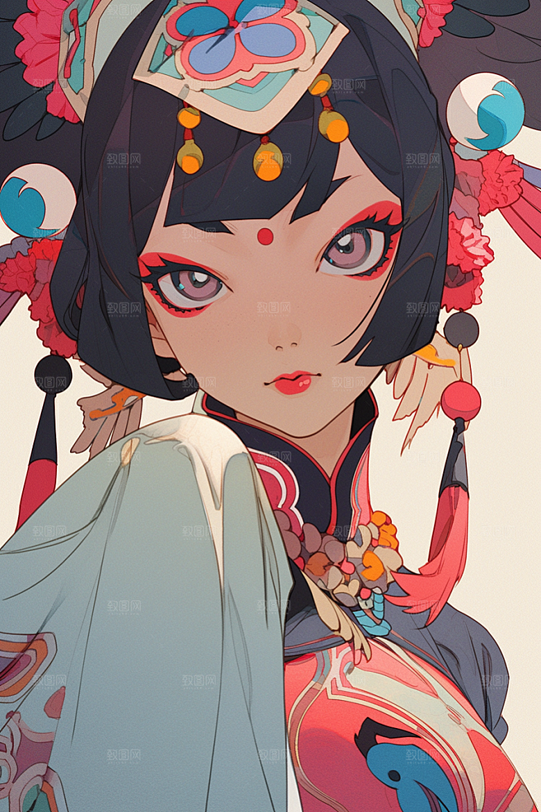 京剧女孩中国风传统风格插画