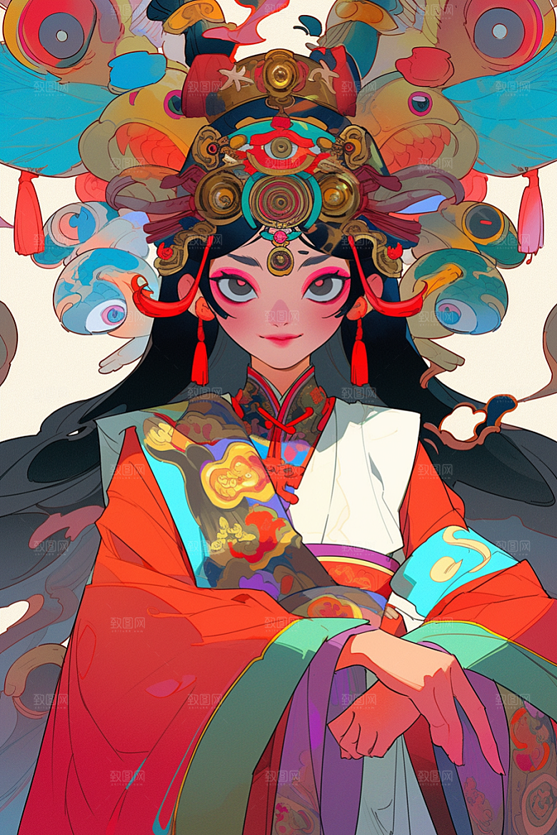 京剧女孩扮相戏剧插画