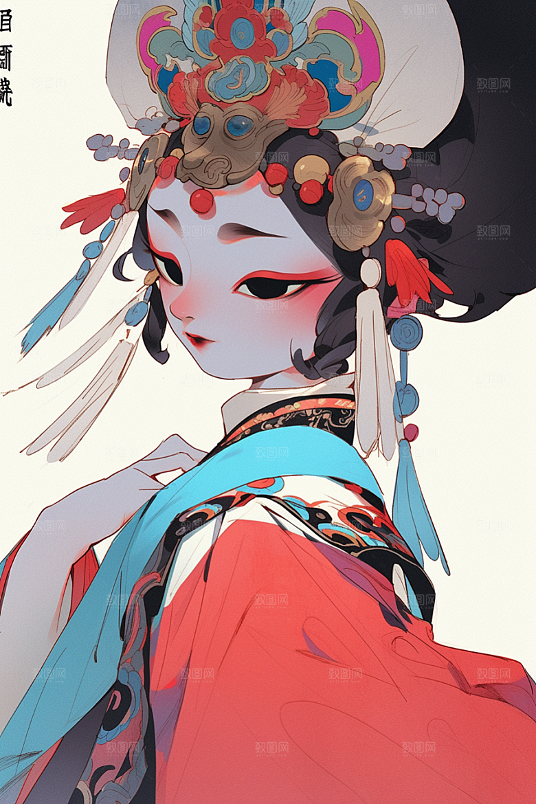 京剧女孩扮相戏剧插画