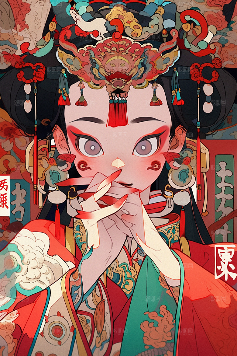 京剧女孩传统风格中式插画