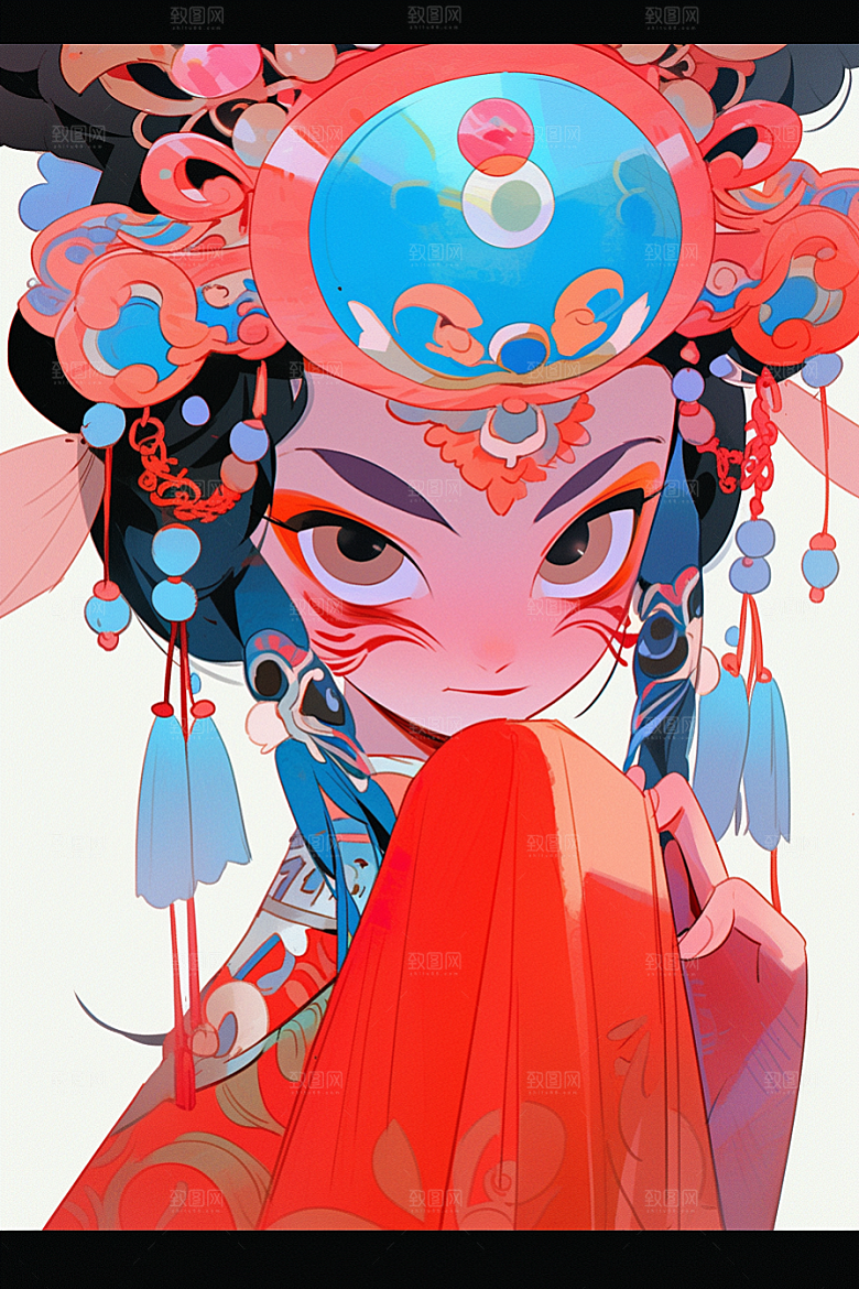 京剧女孩扮相手绘插画