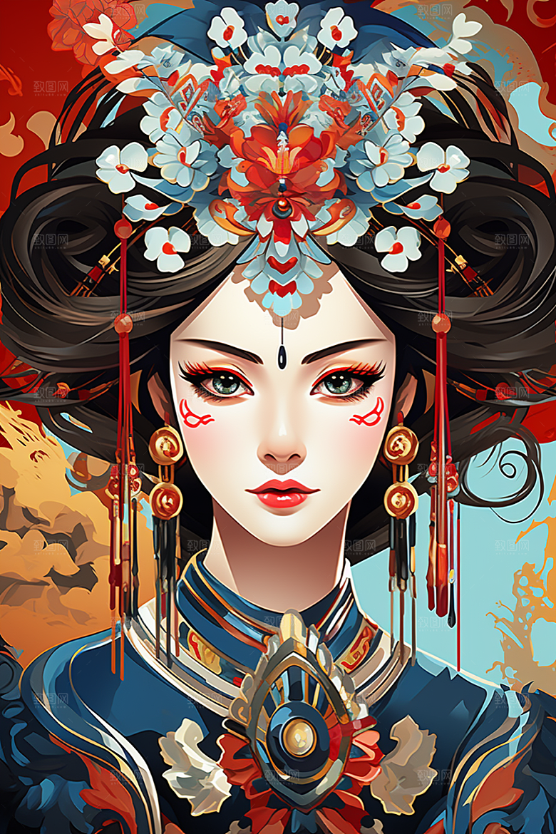 京剧女孩手绘传统风格插画