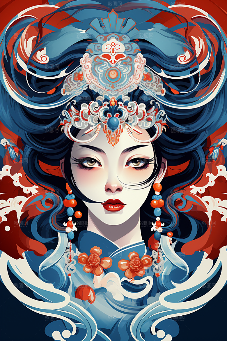 京剧女孩国潮传统风格插画