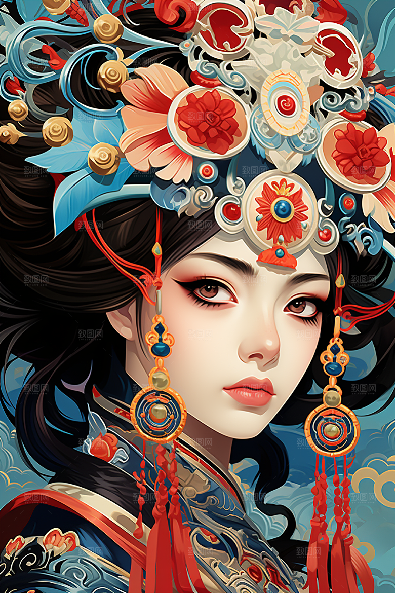 京剧女孩扮相中国风插画