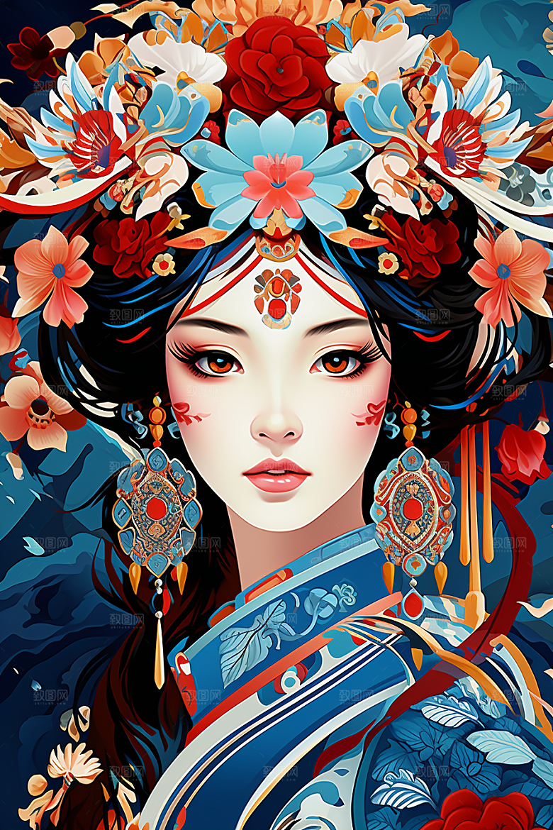 京剧女孩戏剧传统风格插画