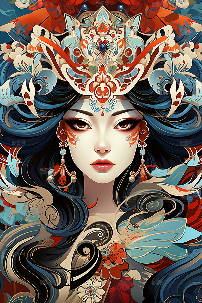 京剧女孩中式国潮插画