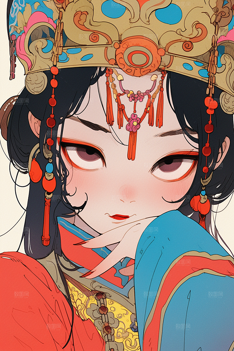 京剧女孩手绘传统风格插画