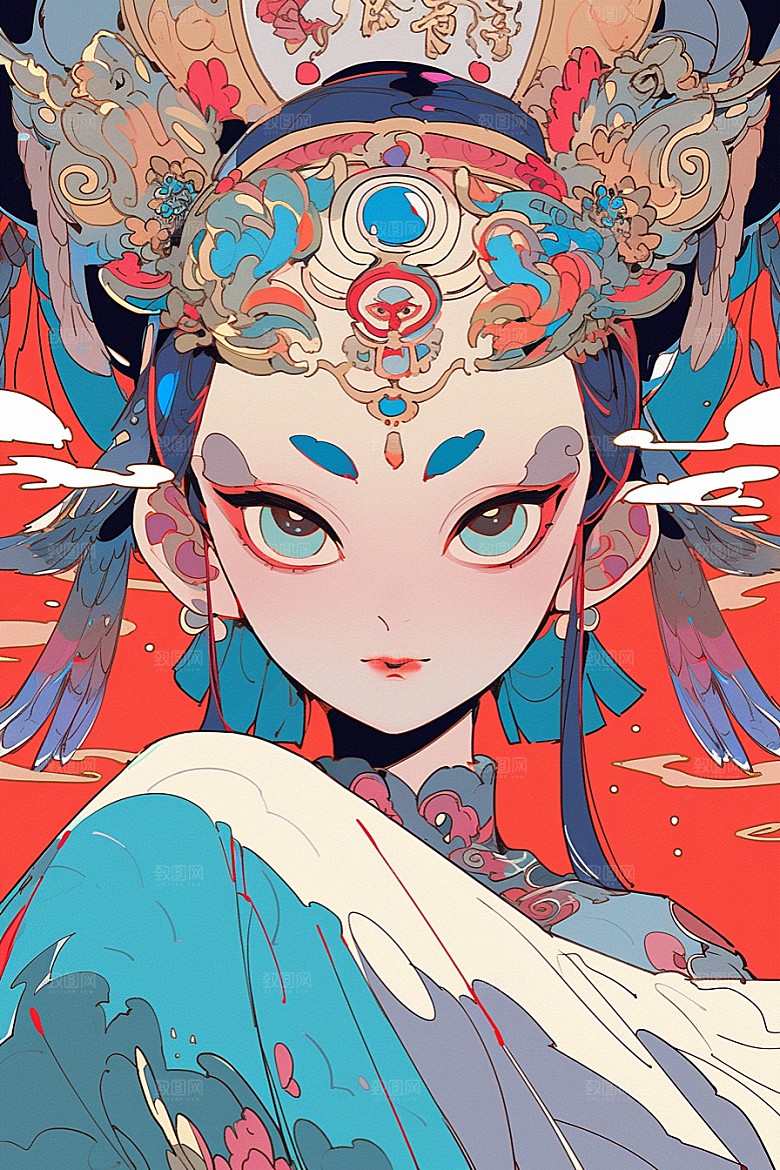 京剧女孩国潮扮相插画