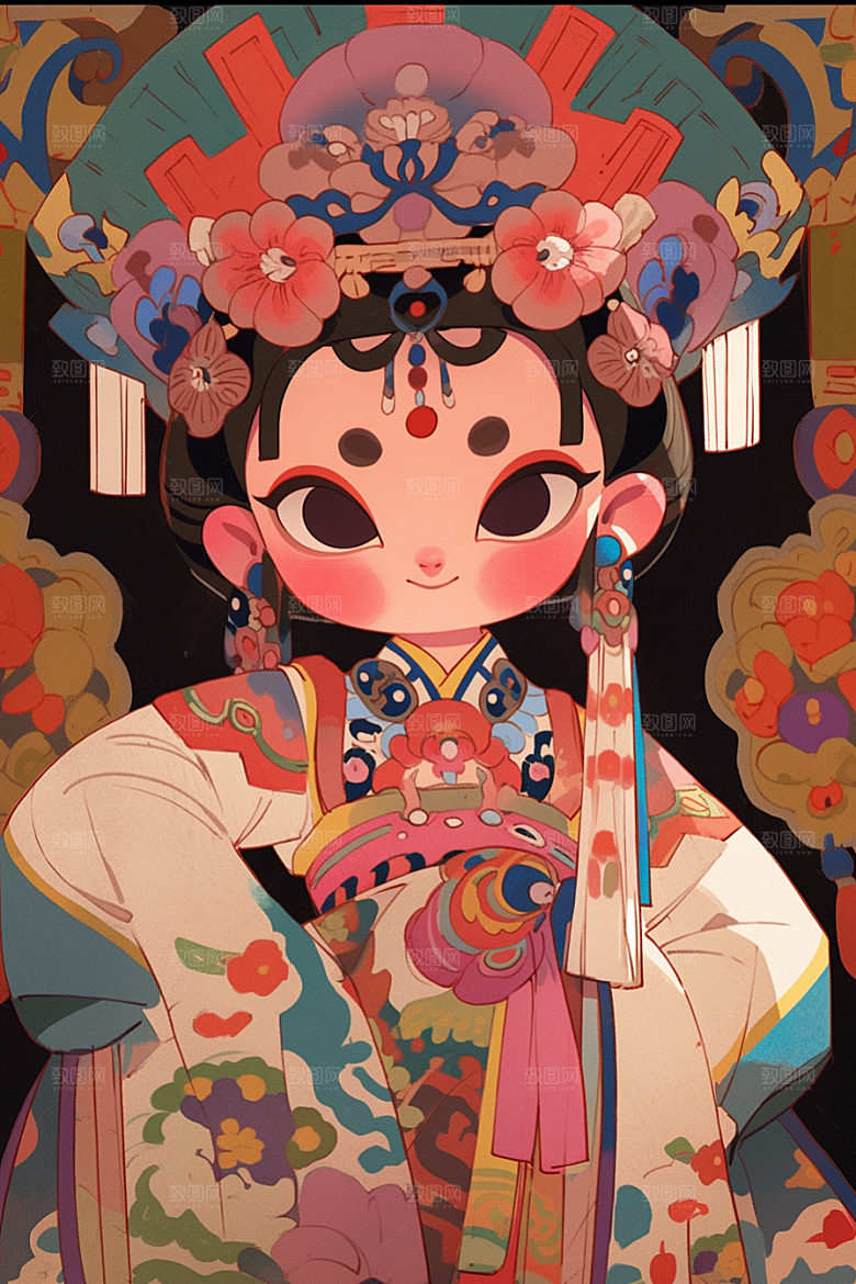 京剧女孩扮相国潮插画