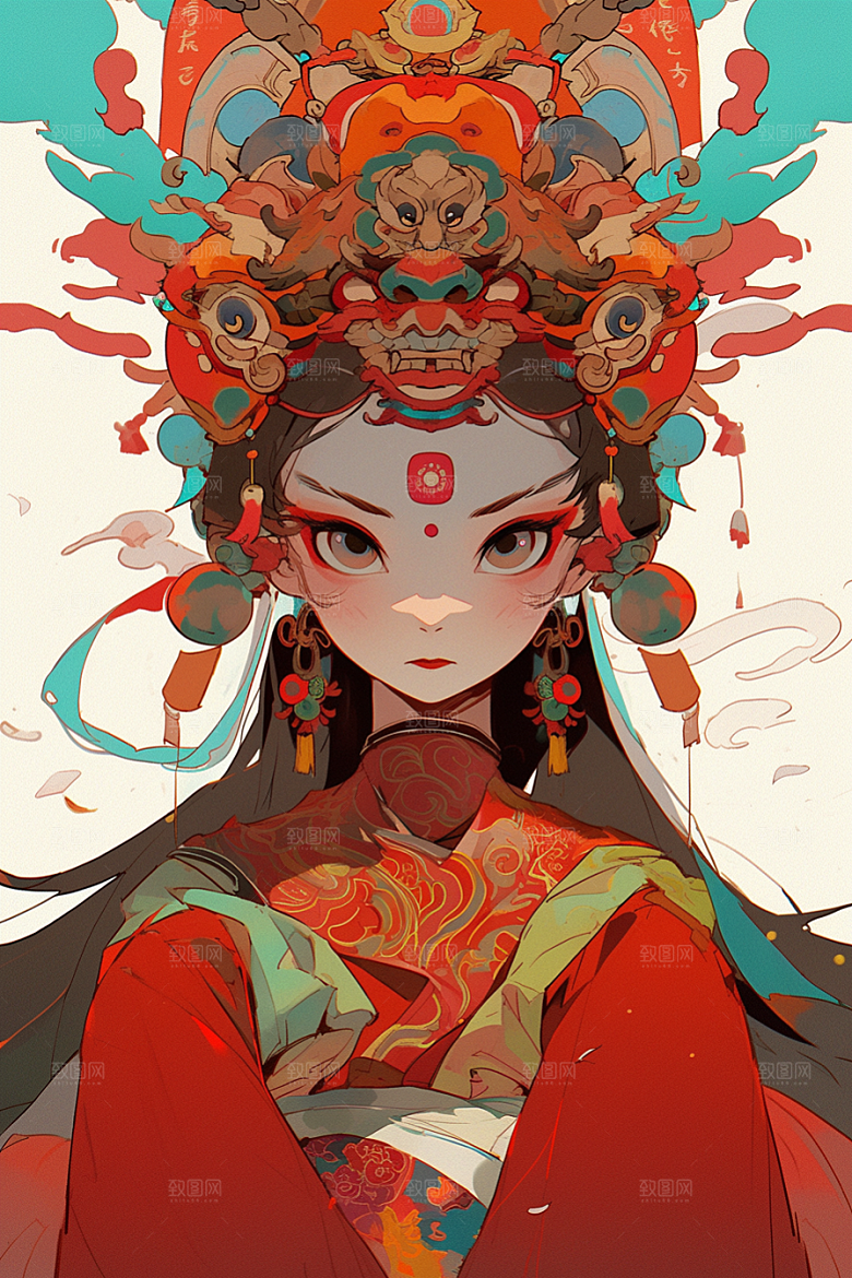 京剧女孩手绘扮相插画
