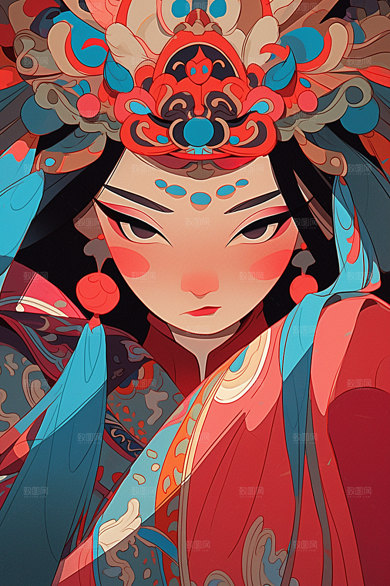 京剧女孩中国风扮相插画