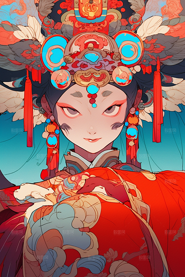 京剧女孩扮相戏剧插画