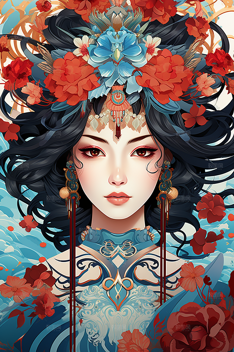 京剧女孩中国风手绘插画