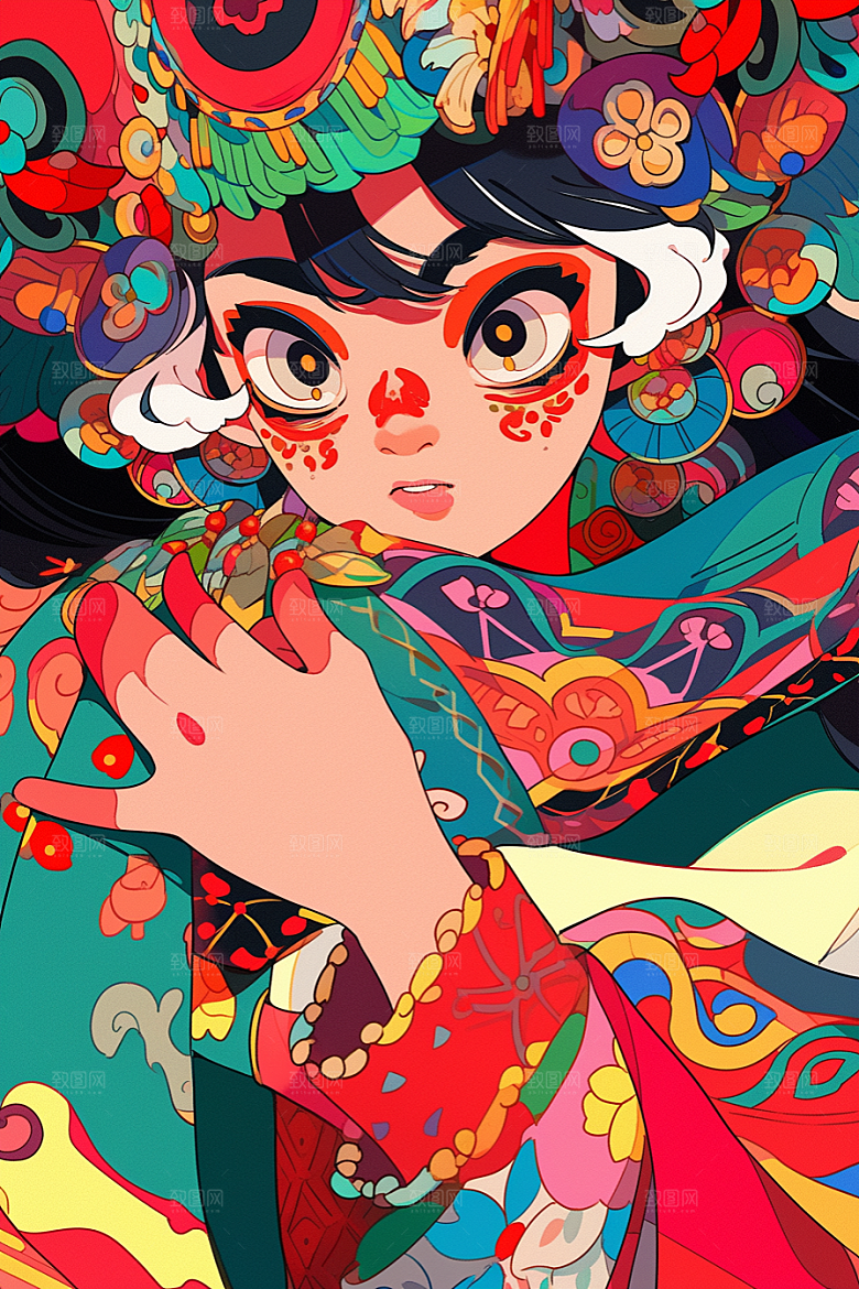 京剧女孩扮相国粹插画