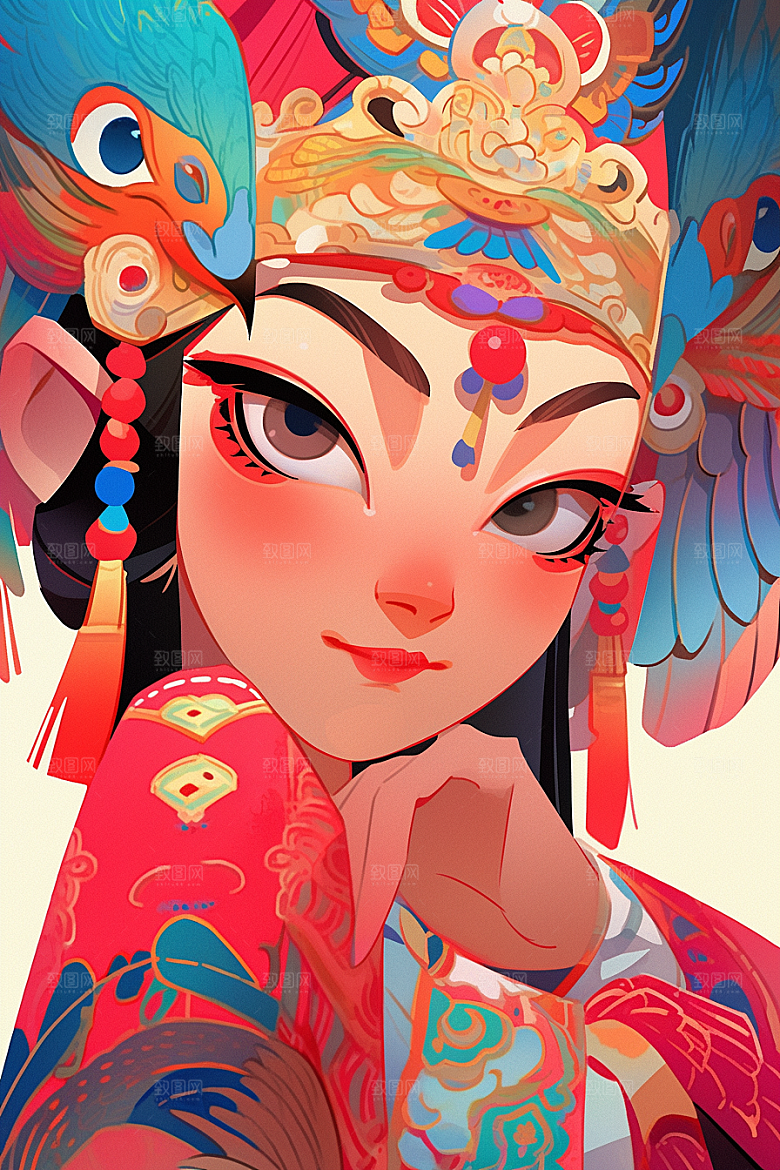 京剧女孩扮相手绘插画