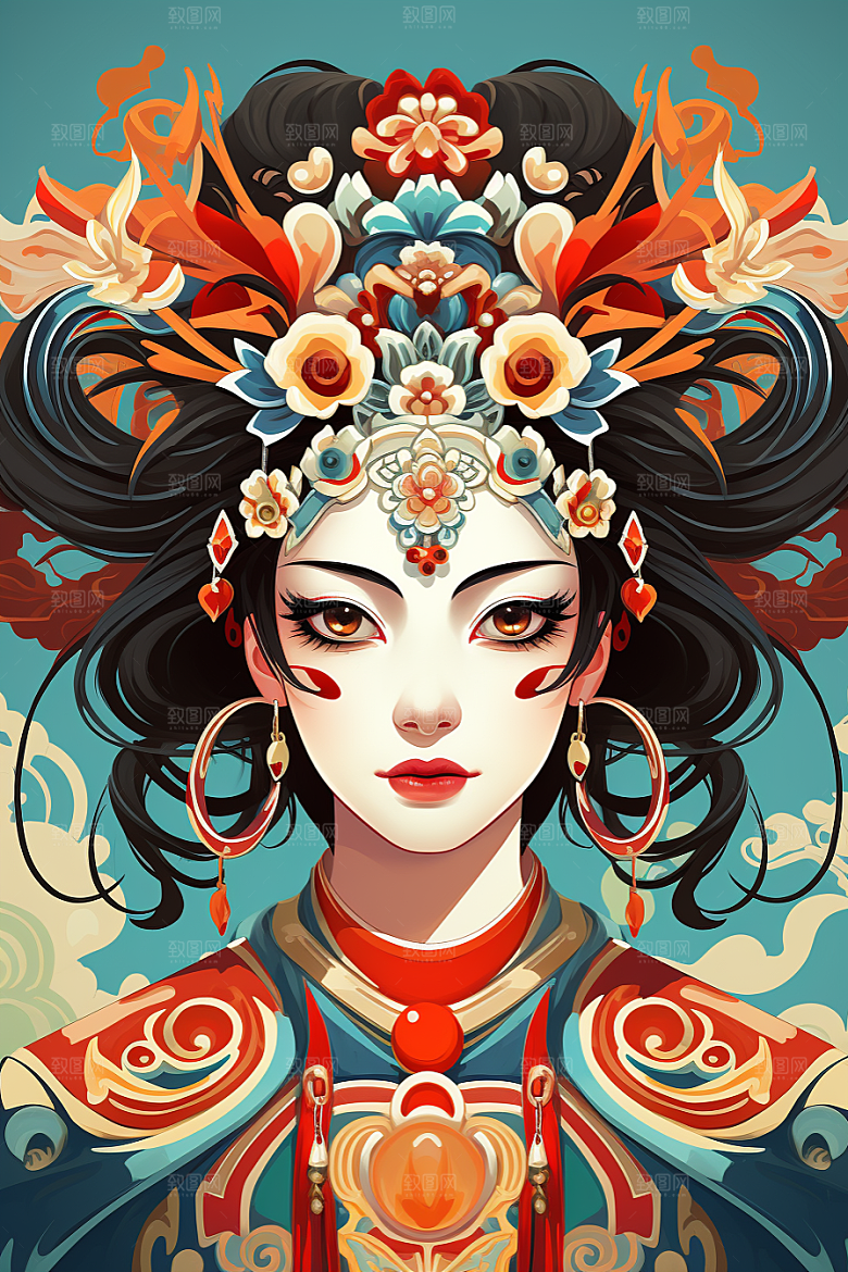 京剧女孩扮相中国风插画