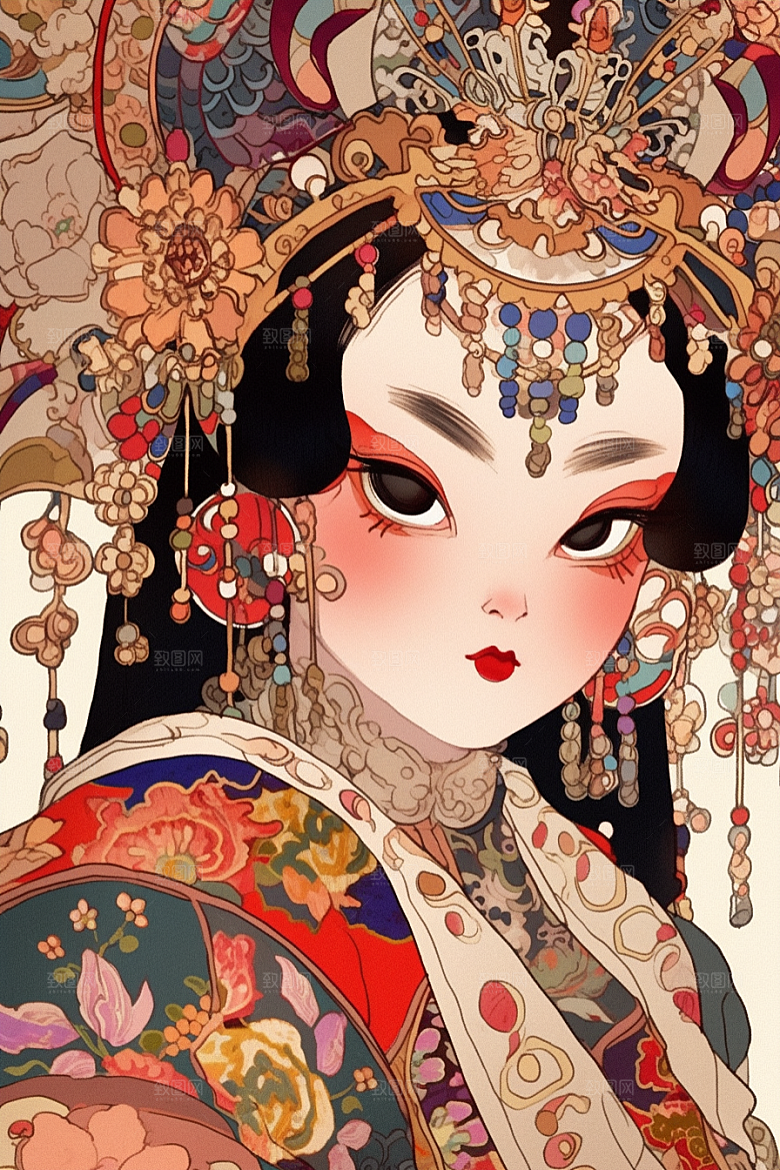 京剧女孩中国风手绘插画